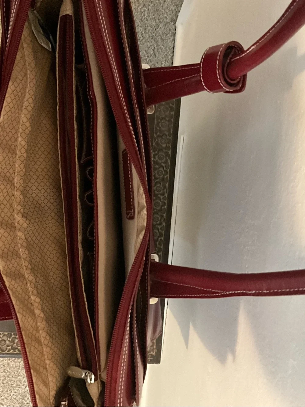 MCKlein Structured Wine Red 14” Laptop Tote with Front Pockets